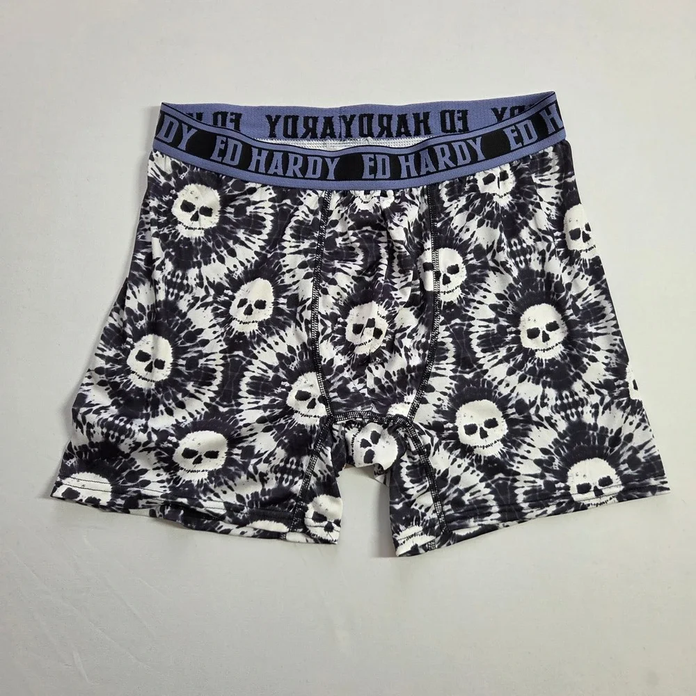 Ed Hardy Mens Boxer Briefs Large Black‎ White Tie Dye Skull Waistband Underwear